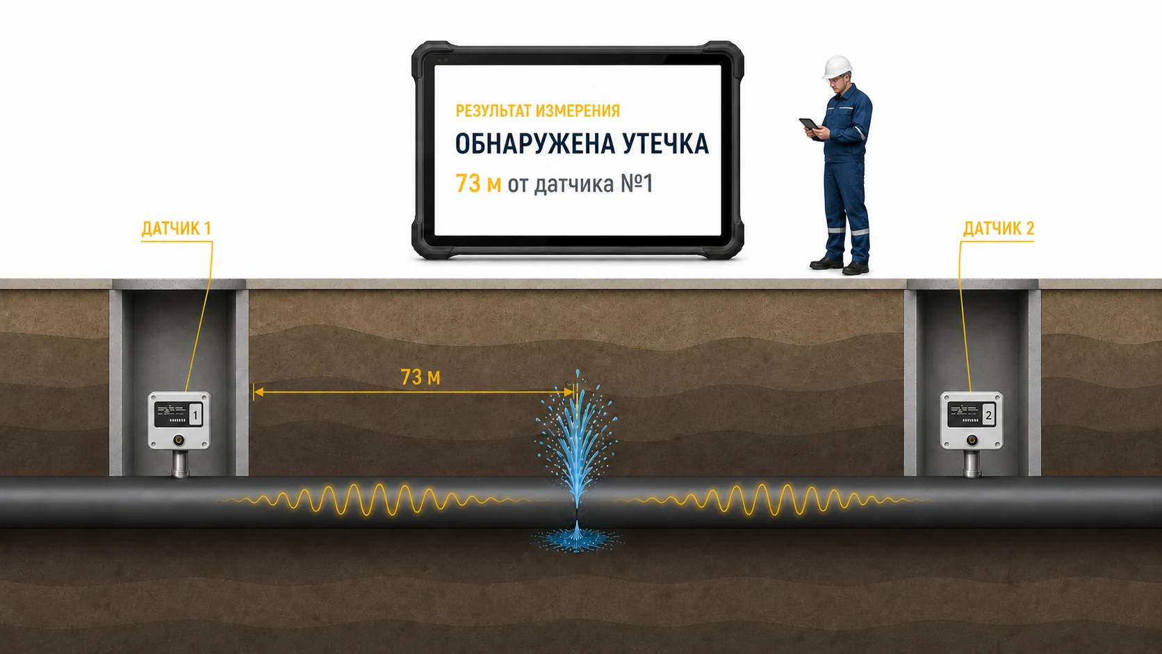 Схема BL1: два датчика, место утечки и результат измерения на планшете
